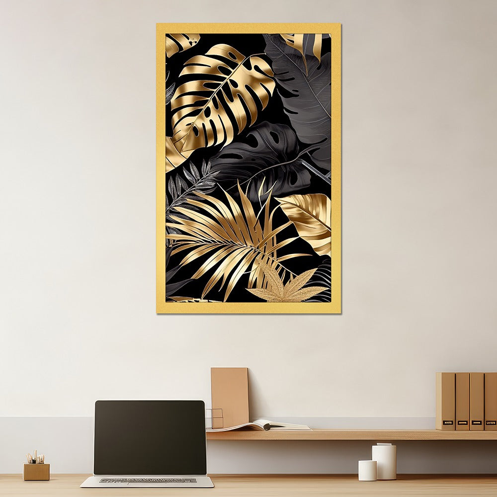 DEKORSTATION Luxury Black & Gold Tropical Leaves Canvas Wall Painting For Living Room | Bedroom | Office | Drawing room