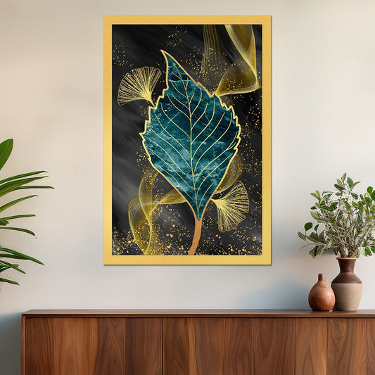 DEKORSTATION Abstract Teal & Gold Leaf Canvas Painting | Luxury Wall Art for Living Room Bedroom Office | Modern Home Decor