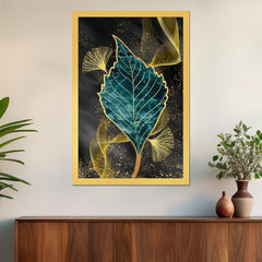 DEKORSTATION Abstract Teal & Gold Leaf Canvas Painting | Luxury Wall Art for Living Room Bedroom Office | Modern Home Decor