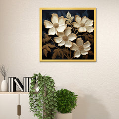 DEKORSTATION Luxury Golden Floral Canvas Wall Painting | Elegant Black Background Flower Wall Art Decor For Living Room | Bedroom | Office | Drawing room
