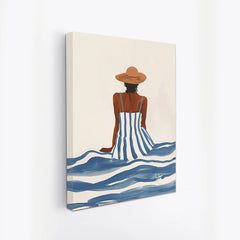 Canvas Painting Ocean Breeze Stylish Woman in Sun Hat on sea ??wave Canvas Art for Wall Decoration Elegant Little Girl Moder Art Stretched Wall Paintings