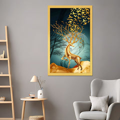 DEKORSTATION Royal Golden Deer Canvas Wall Painting with Flying Birds for Living Room, Bedroom & Office, Drawing room| Luxury Abstract Deer Wildlife Wall Art Decor