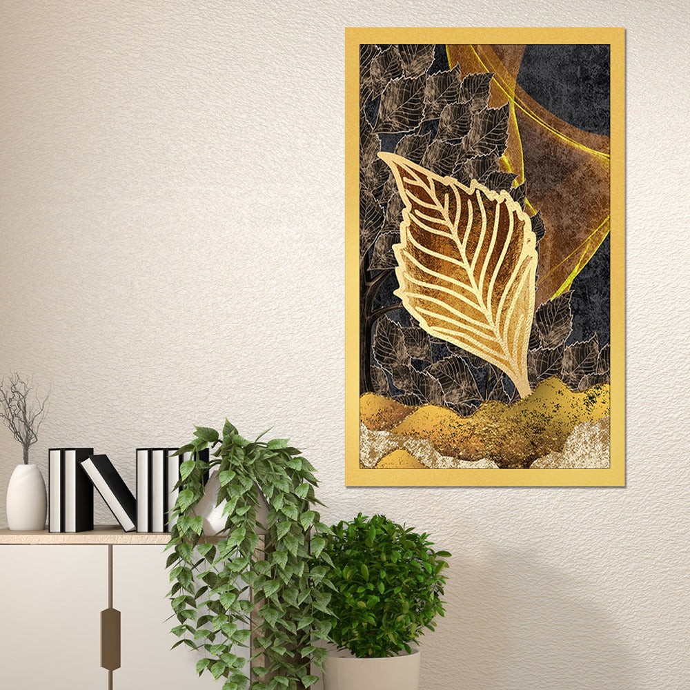DEKORSTATION Abstract Golden Leaf Canvas Wall Painting | Modern Botanical Wall Art in Gold & Black for Living Room | Bedroom | Office | Drawing room