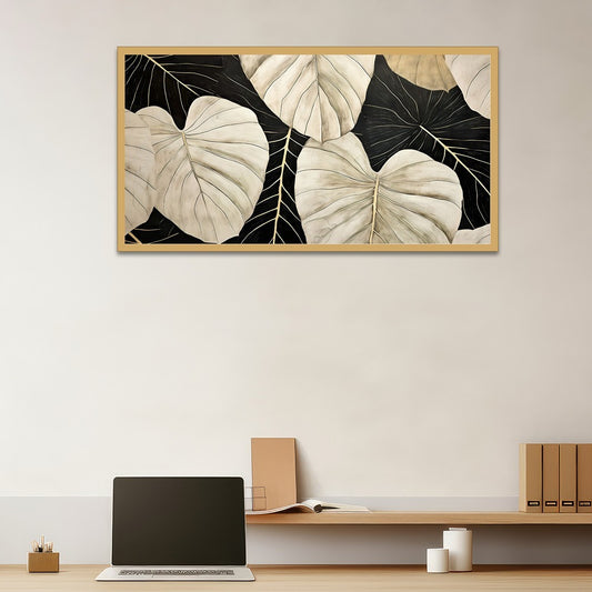 Abstract Illustration Plant Art Huge Leaves Black And Beige Canvas Wall Painting