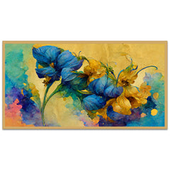 Abstract Blue and Gold floral Canvas Floating Frame Painting for Wall Decoration