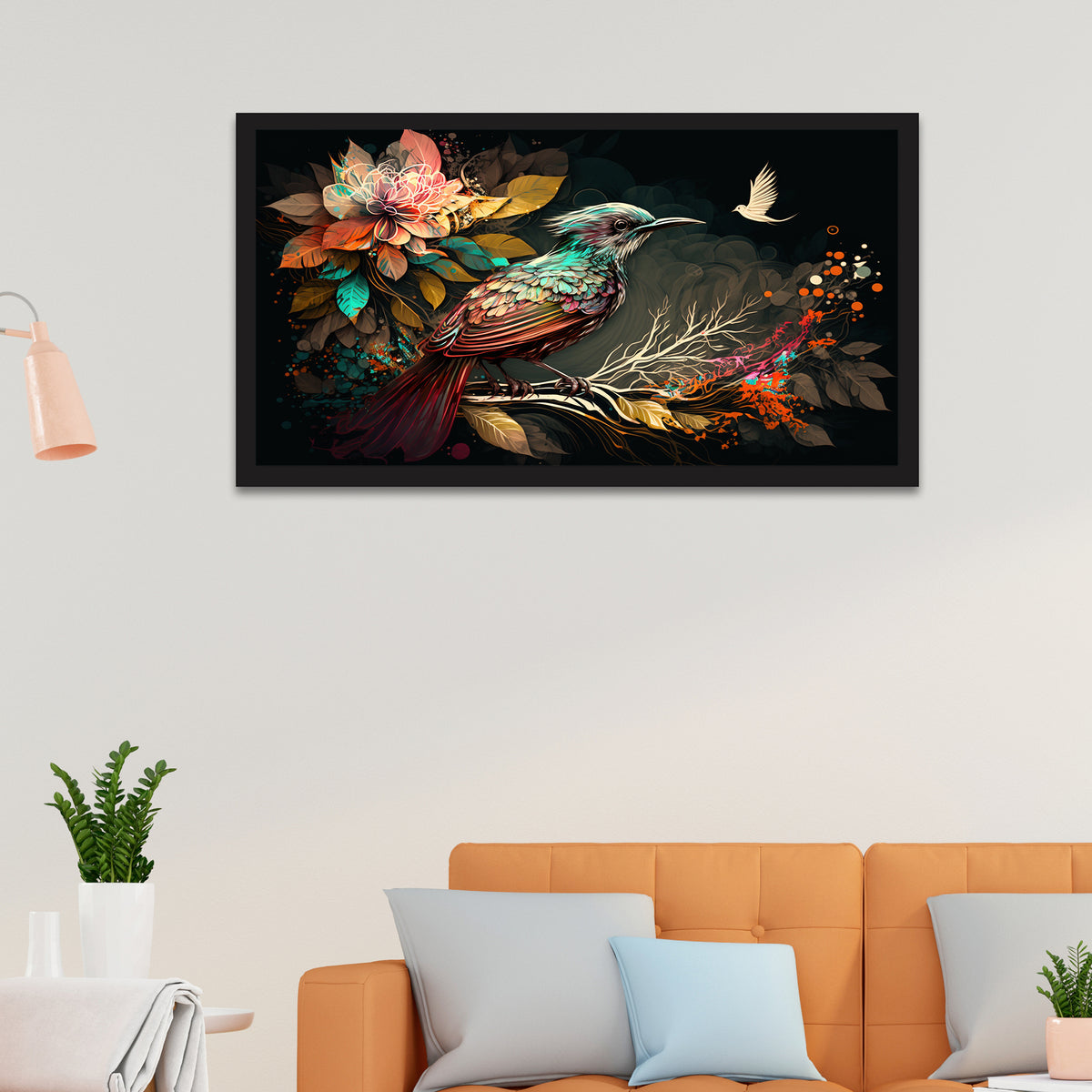 Colorful Bird with Flower Branch Floating Frame Canvas Wall Painting