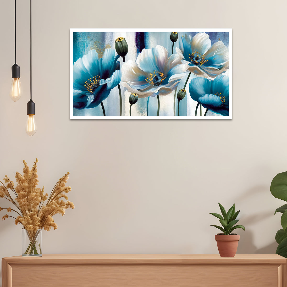 Beautiful Blue and White Flowers Floating Frame Canvas Painting