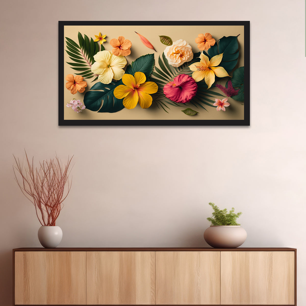 Beautiful Flower with Hibiscus Leaves Floating Frame Canvas Wall Painting