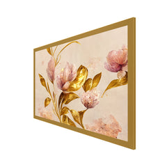 Pink Flower with Golden Leaf Floating Frame Canvas Wall Painting