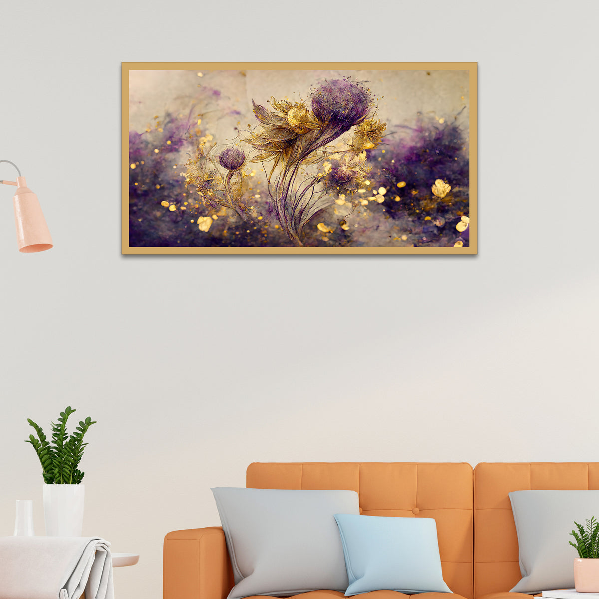 Luxurious 3D Golden and Purple Floating Framed Floral Canvas Wall Painting