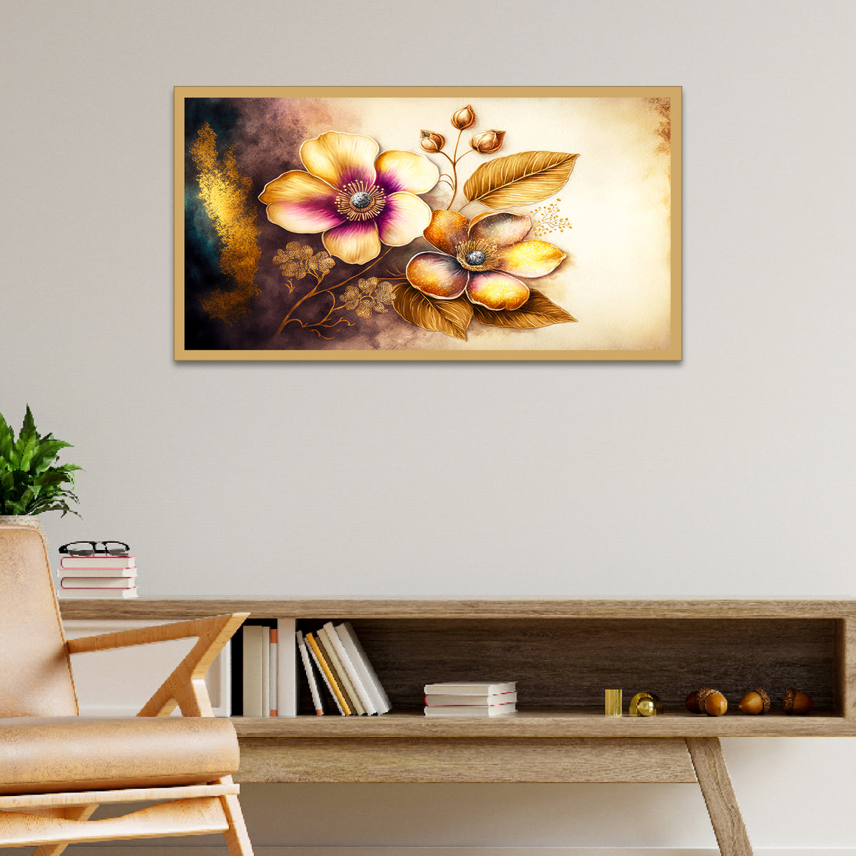 Abstract Golden Flower Frame Canvas Painting for Bedroom, Living Room Wall Décor