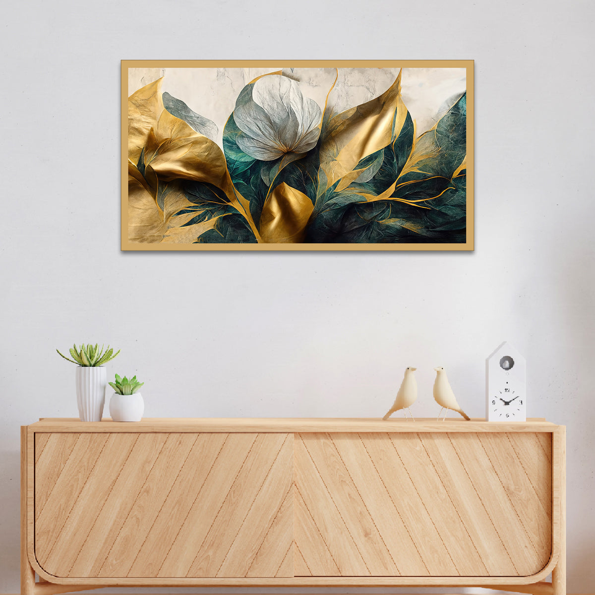 Luxurious Golden Flower Canvas Art Elegant Floating Framed Wall Painting