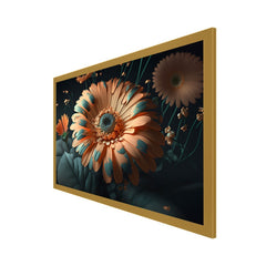 Ethereal Bloom Peach Flower and green leaf Vibrant Blue and Orange Floral Canvas Art Elegant Floating Frame Wall Paintings
