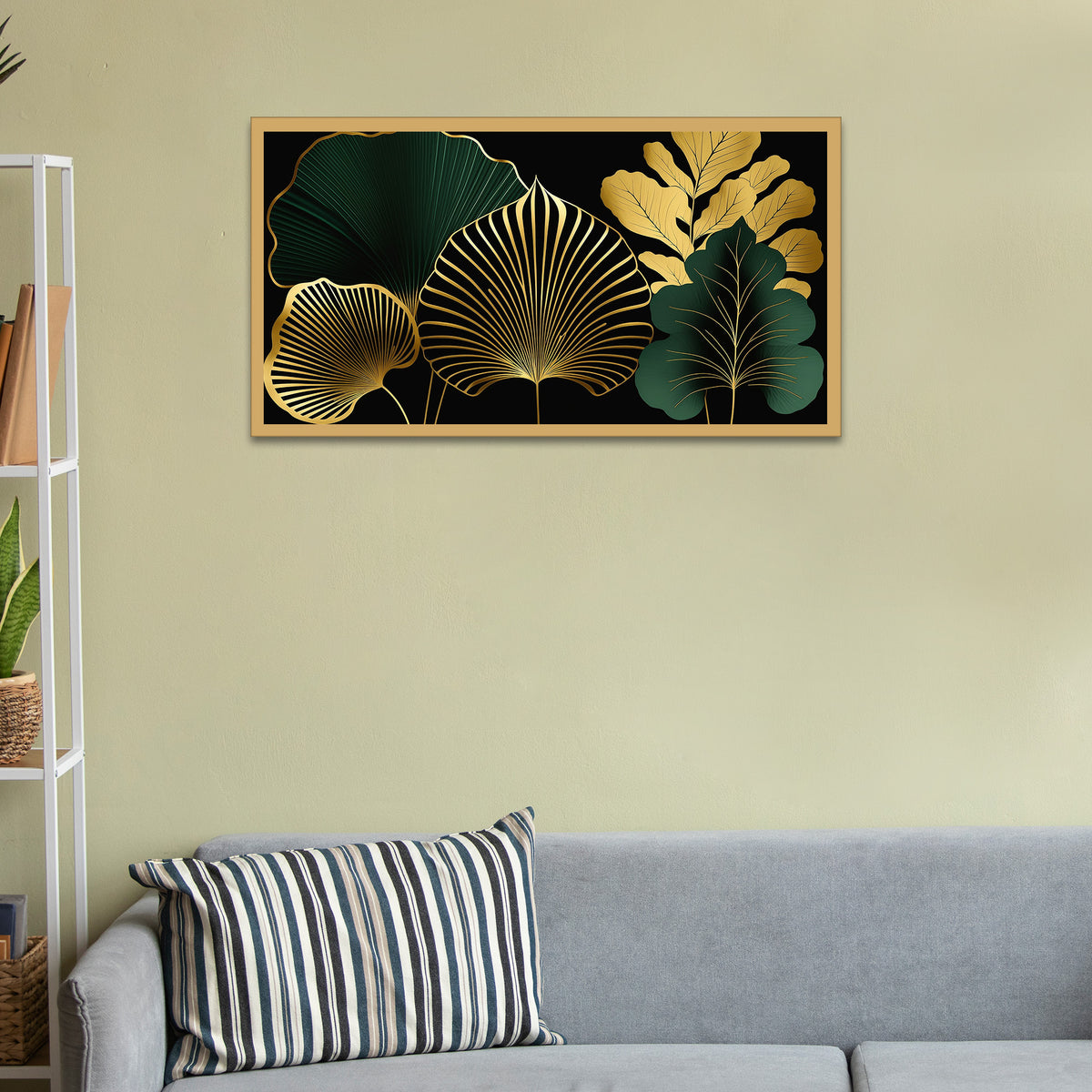 Modern Art Golden Leaves Floral Floating Framed Canvas Wall Painting