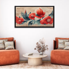 Red Flower Background with Japanese Floral Pattern Illustration Canvas Wall Painting