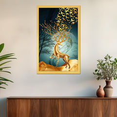 DEKORSTATION Royal Golden Deer Canvas Wall Painting with Flying Birds for Living Room, Bedroom & Office, Drawing room| Luxury Abstract Deer Wildlife Wall Art Decor