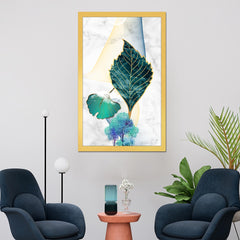 DEKORSTATION Abstract Teal Leaf Canvas Painting with Gold Foil Effect | Modern Wall Art for Living Room Bedroom Office | Marble Texture Background Home Decor