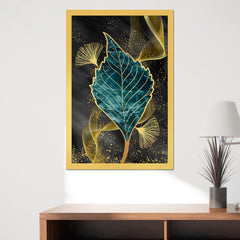 DEKORSTATION Abstract Teal & Gold Leaf Canvas Painting | Luxury Wall Art for Living Room Bedroom Office | Modern Home Decor