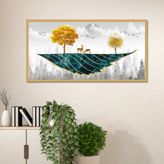 DEKORSTATION Abstract Nature Canvas Wall Painting with Deer Trees Birds Gold Teal Canvas Painting Home Decoration for Living Room | Bedroom | Office | Drawing room