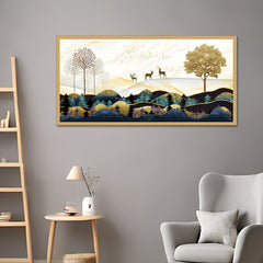 DEKORSTATION Vastu Deer Landscape Canvas Painting for Peace & Prosperity | Golden Mountain Forest Canvas Wall Art for Living Room | Bedroom | Office | Drawing room