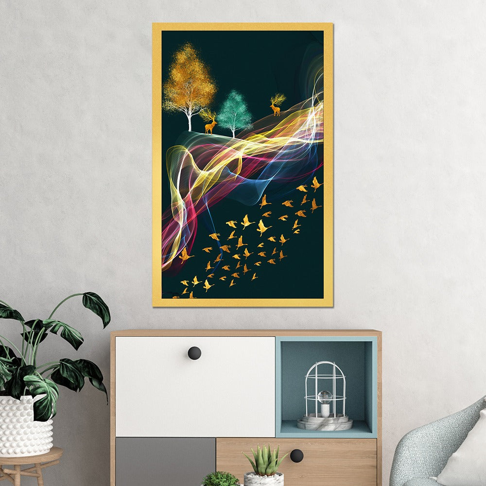 DEKORSTATION Luxury Abstract Deer & Golden Birds Canvas Wall Painting | Modern Nature Landscape Wall Art Decor For Living Room | Bedroom | Office | Drawing room