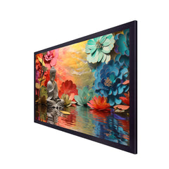 Meditating buddha statue sitting on lake with multicolor flower canvas painting