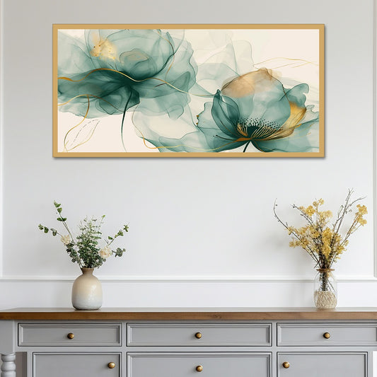 DEKORSTATION Modern Flower Canvas Wall Painting Canvas Print Teal Aqua Gold Abstract Artwork Home Decoration for Living Room | Bedroom | Office | Drawing room