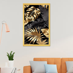 DEKORSTATION Luxury Black & Gold Tropical Leaves Canvas Wall Painting For Living Room | Bedroom | Office | Drawing room