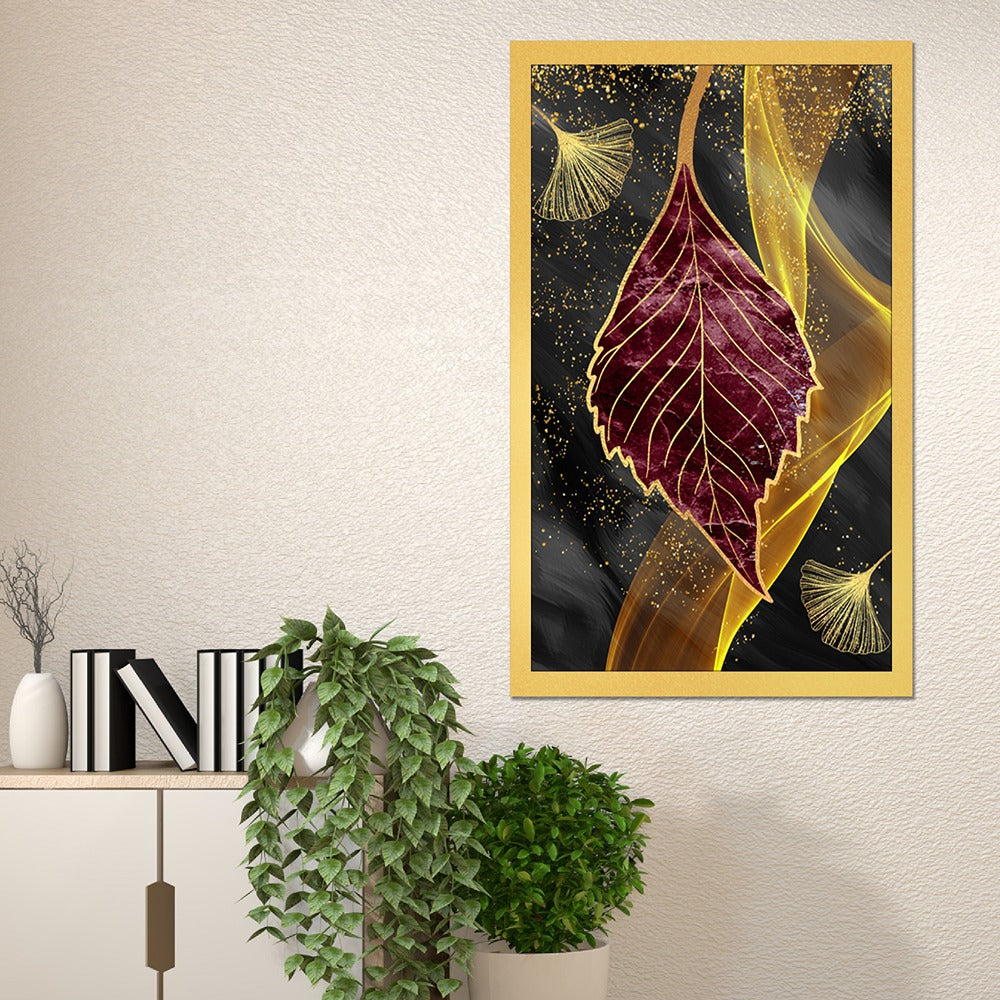 DEKORSTATION Abstract Maroon & Gold Leaf Canvas Painting | Luxury Wall Art for Living Room | Drawing Room | Bedroom Office | Modern Home Decor