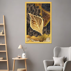 DEKORSTATION Abstract Golden Leaf Canvas Wall Painting | Modern Botanical Wall Art in Gold & Black for Living Room | Bedroom | Office | Drawing room