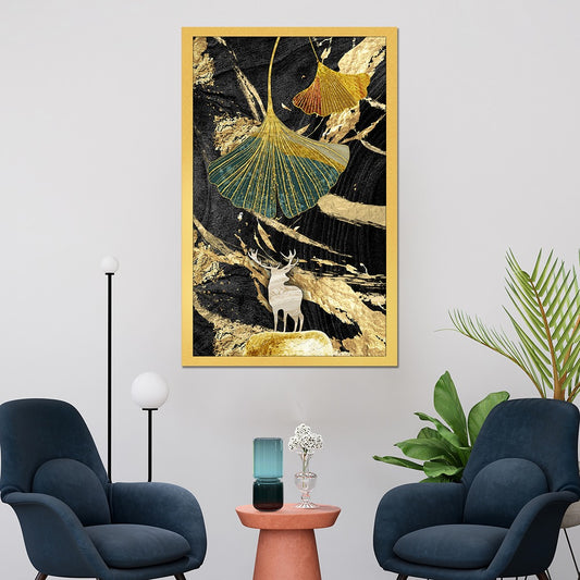 DEKORSTATION Luxury Golden Ginkgo Leaf & Deer Canvas Wall Painting | Modern Abstract Black Gold Nature Wall Art Decor For Living Room | Bedroom | Office | Drawing room