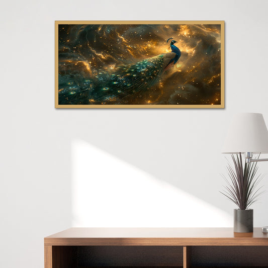 DEKORSTATION-Premium-Galaxy-Peacock-Canvas-Wall-Painting-|-Vastu-Painting-Cosmic-Blue-&-Gold-Bird-Art-with-Starry-Abstract-Background-for-Living-Room,-Bedroom-&-Home-Decor