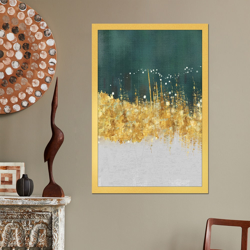 DEKORSTATION Abstract Green & Gold Cityscape Canvas Painting | Modern Skyline Wall Art for Living Room Bedroom Office | Luxury Home Decor India