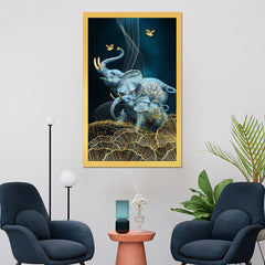 DEKORSTATION Royal Blue Elephant Family Canvas Wall Painting | Luxury Abstract Elephant with Gold Floral Art Decor For Living Room | Bedroom | Office | Drawing room