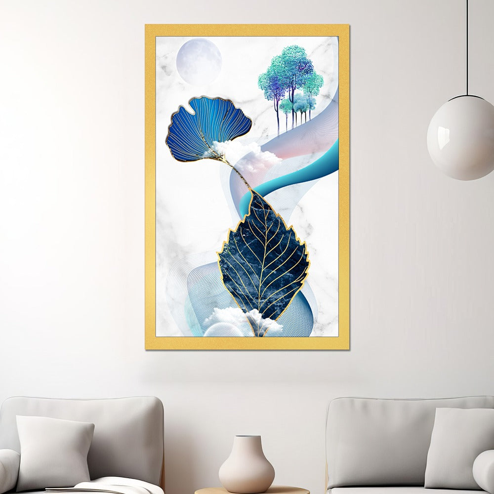 DEKORSTATION Abstract Blue & Gold Leaf Canvas Painting with Moon & Trees | Modern Wall Art for Living Room Bedroom Office | Luxury Nature Home Decor