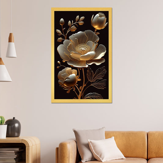 DEKORSTATION Elegant Golden Floral Canvas Painting | Luxury White & Gold Flower Wall Art For Living Room | Bedroom | Office | Drawing room