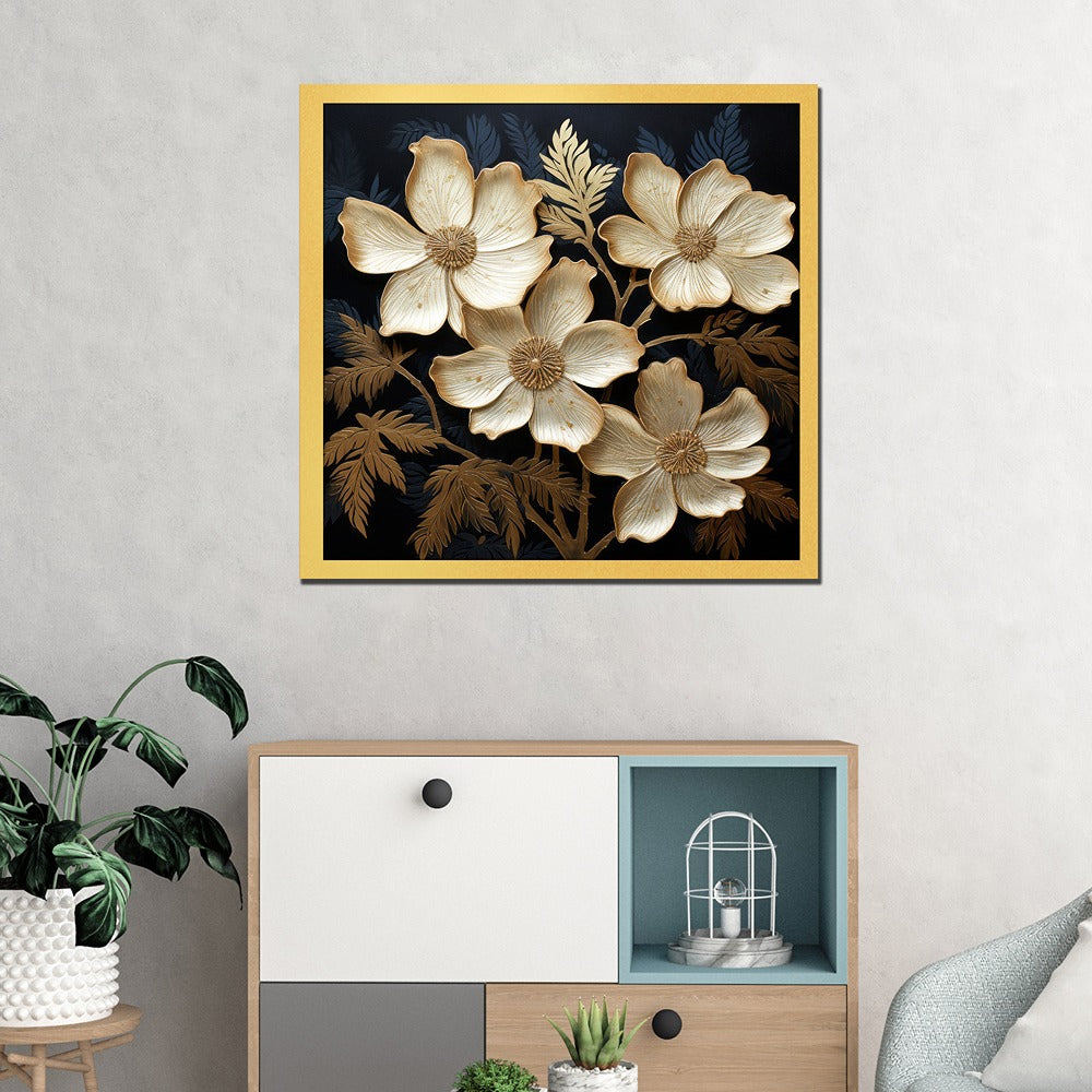 DEKORSTATION Luxury Golden Floral Canvas Wall Painting | Elegant Black Background Flower Wall Art Decor For Living Room | Bedroom | Office | Drawing room