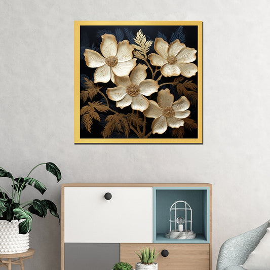 DEKORSTATION Luxury Golden Floral Canvas Wall Painting | Elegant Black Background Flower Wall Art Decor For Living Room | Bedroom | Office | Drawing room