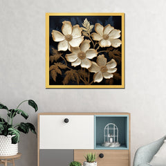 DEKORSTATION Luxury Golden Floral Canvas Wall Painting | Elegant Black Background Flower Wall Art Decor For Living Room | Bedroom | Office | Drawing room