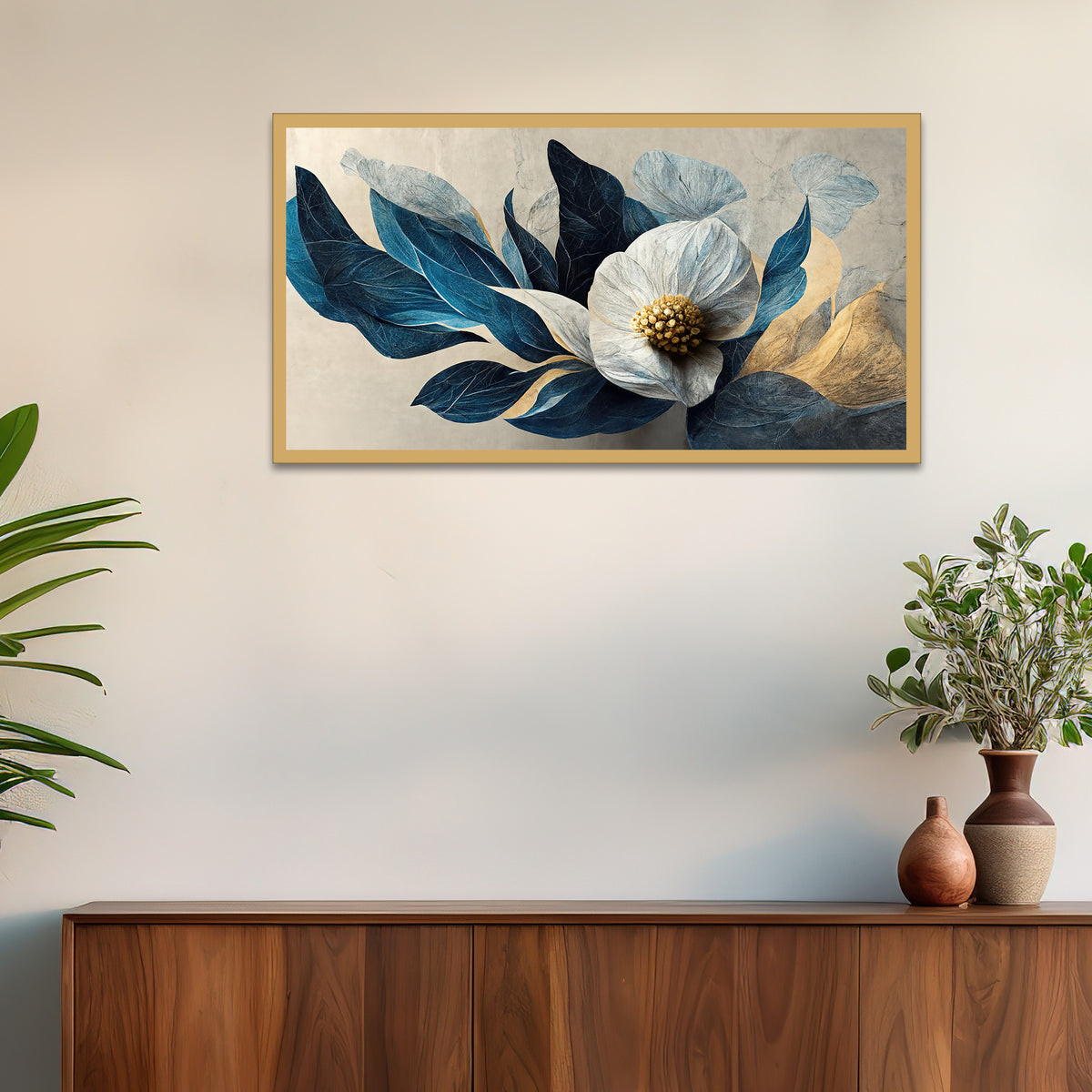 Luxurious 3d White and Gold Modern Flower Floating Frame Canvas Wall Painting