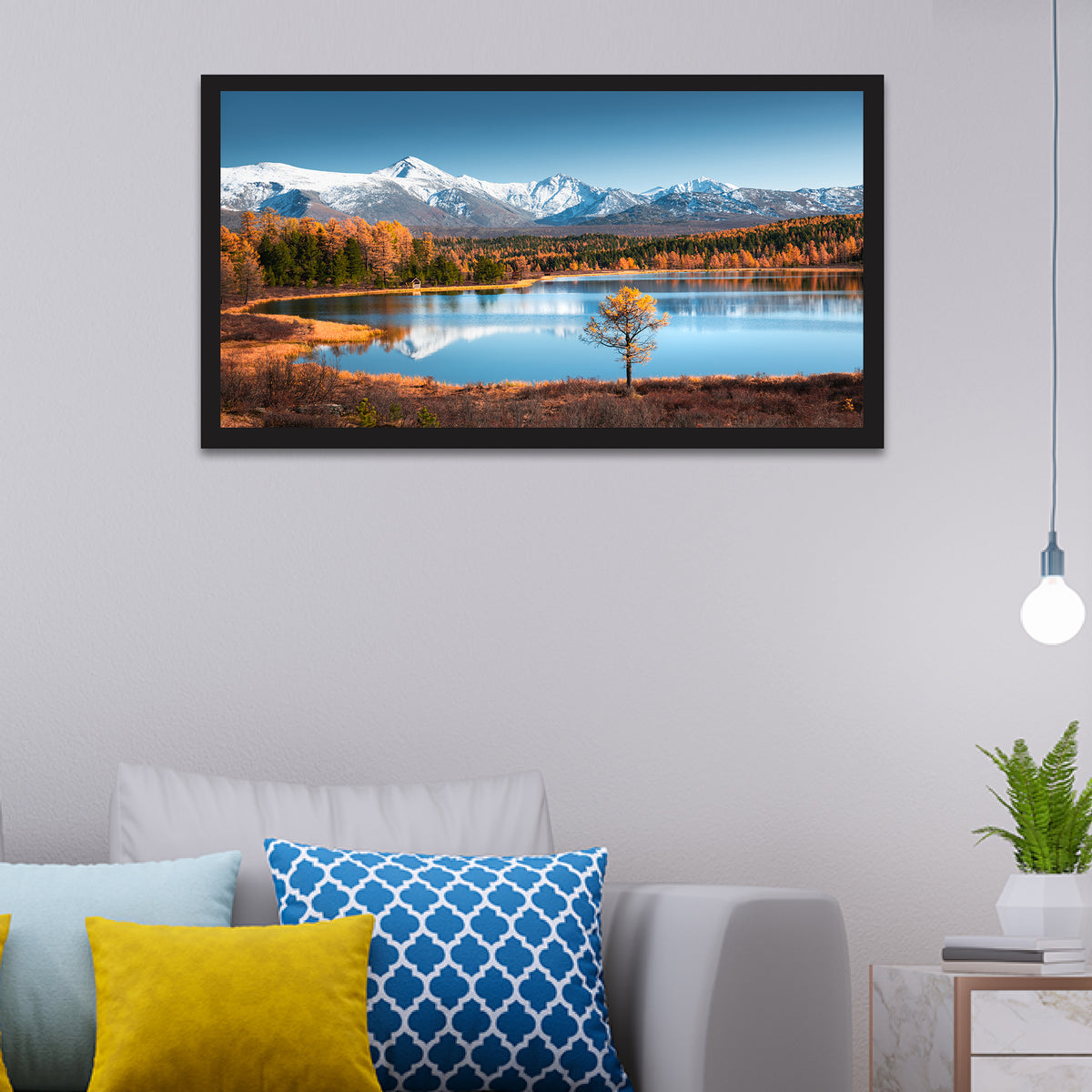 Siberean Snow Covered Mountains and Lake Yellow Autumn Beautiful Forest Floating Framed Canvas Painting