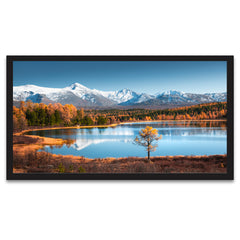 Siberean Snow Covered Mountains and Lake Yellow Autumn Beautiful Forest Floating Framed Canvas Painting