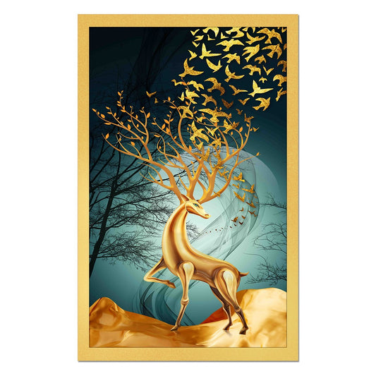 DEKORSTATION Royal Golden Deer Canvas Wall Painting with Flying Birds for Living Room, Bedroom & Office, Drawing room| Luxury Abstract Deer Wildlife Wall Art Decor