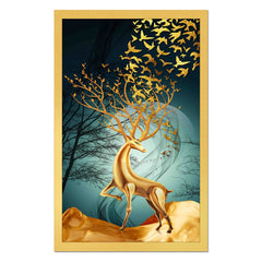 DEKORSTATION Royal Golden Deer Canvas Wall Painting with Flying Birds for Living Room, Bedroom & Office, Drawing room| Luxury Abstract Deer Wildlife Wall Art Decor