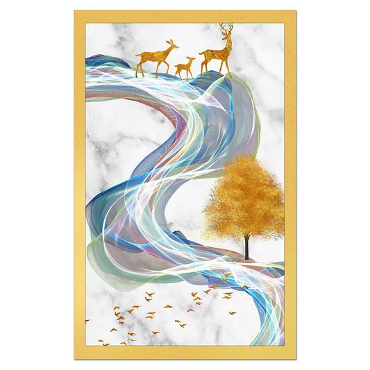 DEKORSTATION Luxury Golden Deer Family Abstract Canvas Wall Painting | Modern Marble Nature Wall Art Decor For Living Room | Bedroom | Office | Drawing room