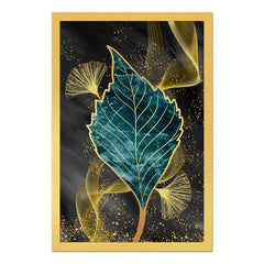 DEKORSTATION Abstract Teal & Gold Leaf Canvas Painting | Luxury Wall Art for Living Room Bedroom Office | Modern Home Decor