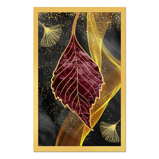 DEKORSTATION Abstract Maroon & Gold Leaf Canvas Painting | Luxury Wall Art for Living Room | Drawing Room | Bedroom Office | Modern Home Decor