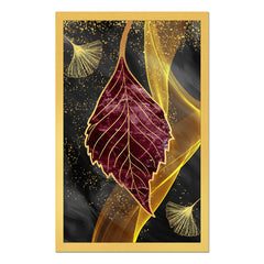 DEKORSTATION Abstract Maroon & Gold Leaf Canvas Painting | Luxury Wall Art for Living Room | Drawing Room | Bedroom Office | Modern Home Decor