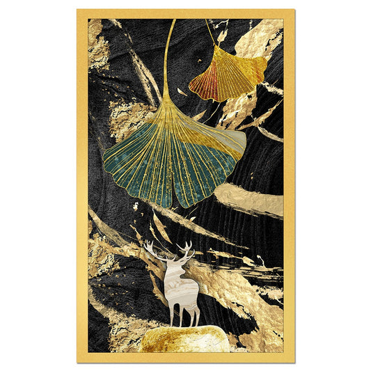 DEKORSTATION Luxury Golden Ginkgo Leaf & Deer Canvas Wall Painting | Modern Abstract Black Gold Nature Wall Art Decor For Living Room | Bedroom | Office | Drawing room
