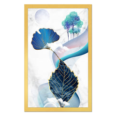 DEKORSTATION Abstract Blue & Gold Leaf Canvas Painting with Moon & Trees | Modern Wall Art for Living Room Bedroom Office | Luxury Nature Home Decor